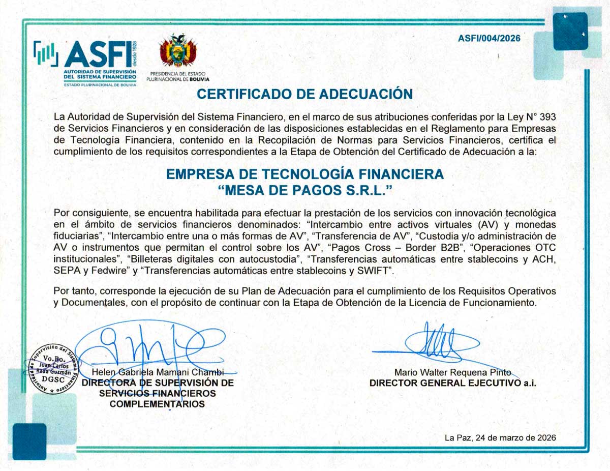 Certificado de registro ASFI · Mesa de Pagos Bolívia